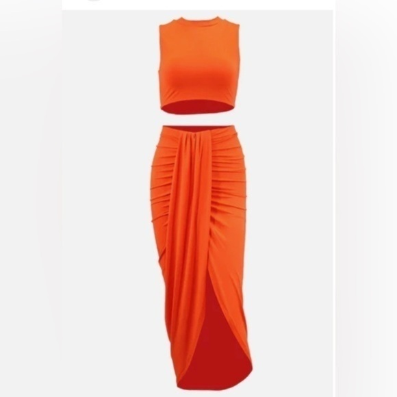 ORANGE SLEEVELESS ROUND NECK CROP TOP DRAPED HIGH LOW SPLIT MIDI TWO PIECE DRESS - Picture 2 of 5
